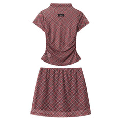Preppy Plaid Mesh Top & Mini Skirt Set