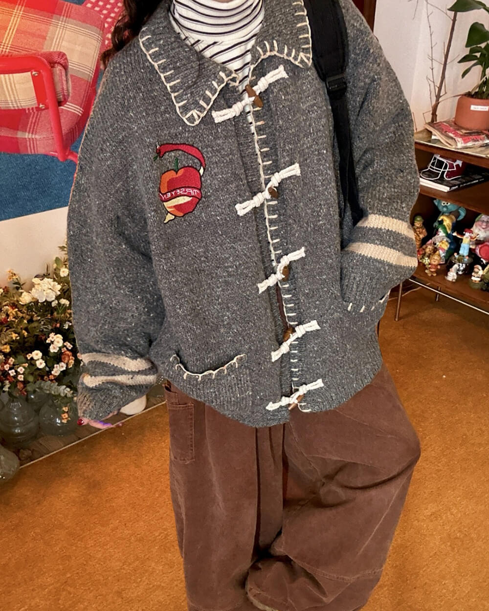 Apple Embroidery Grey Cardigan