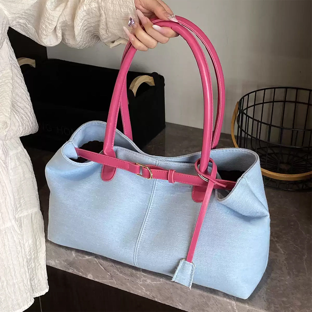 Color Block Denim Belted Bag