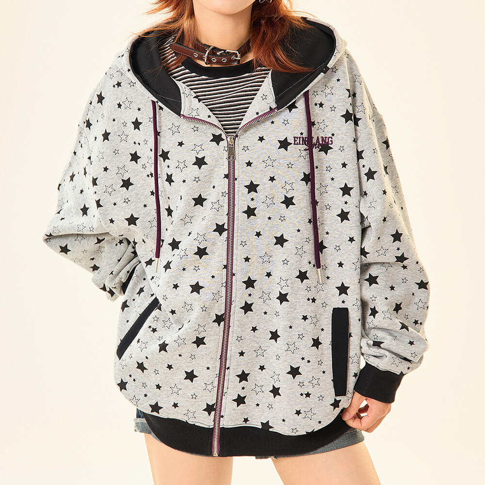2010's Grey Star Print Zip Up Hoodie