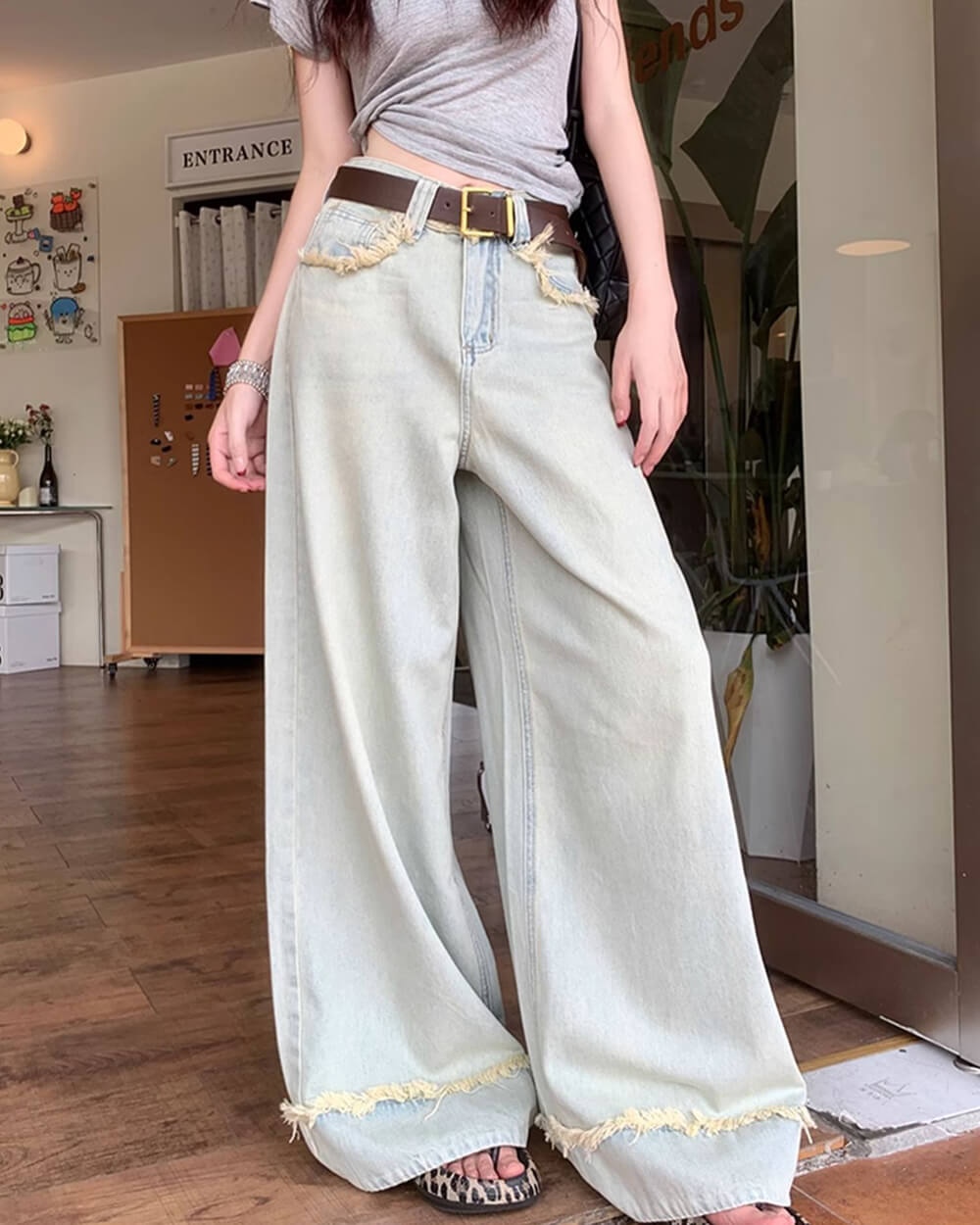 Light Blue Frayed Wide-Leg Jeans