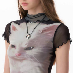 Moody Kitten Print Y2K Top