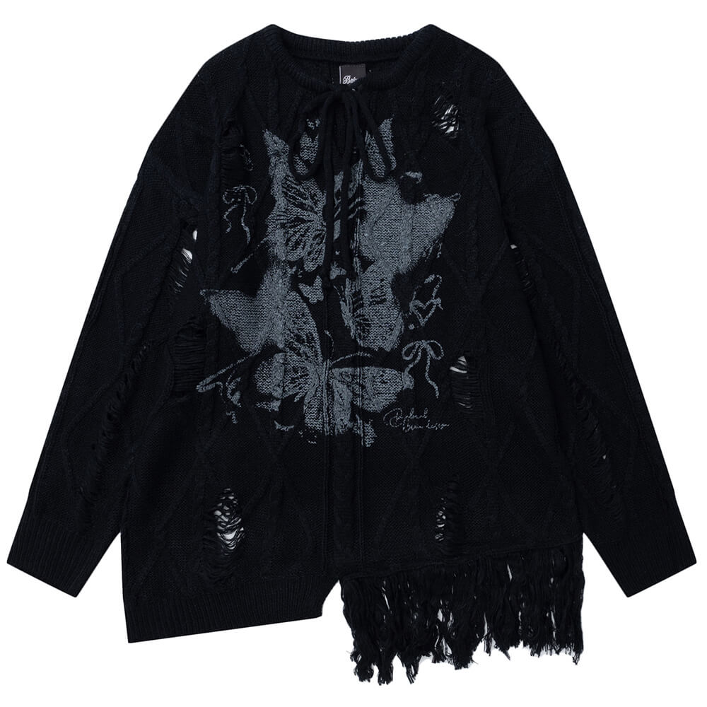 Oversized Ripped Sweater with Butterfly Print