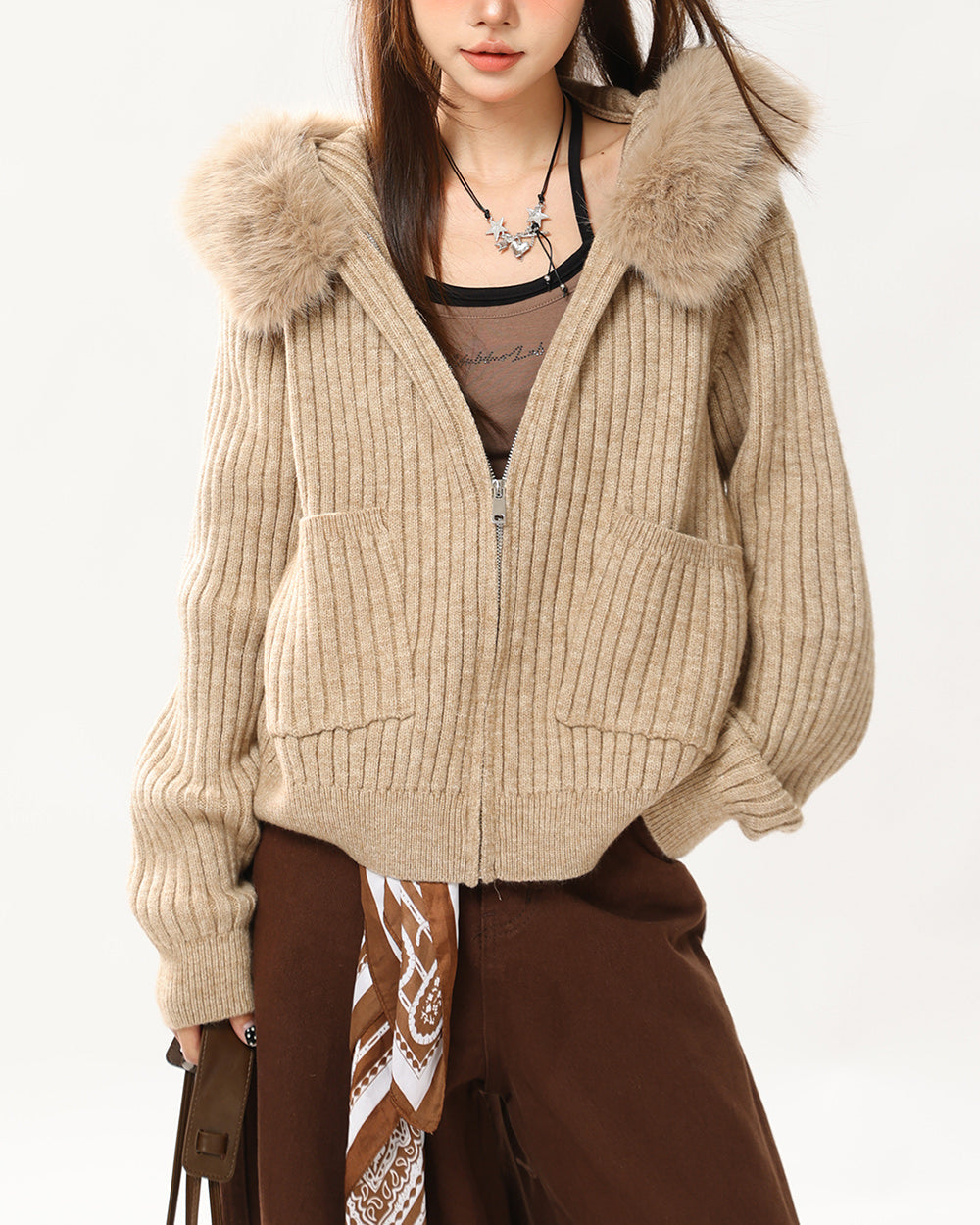 Y2K Style Fur Trim Zip Hoodie